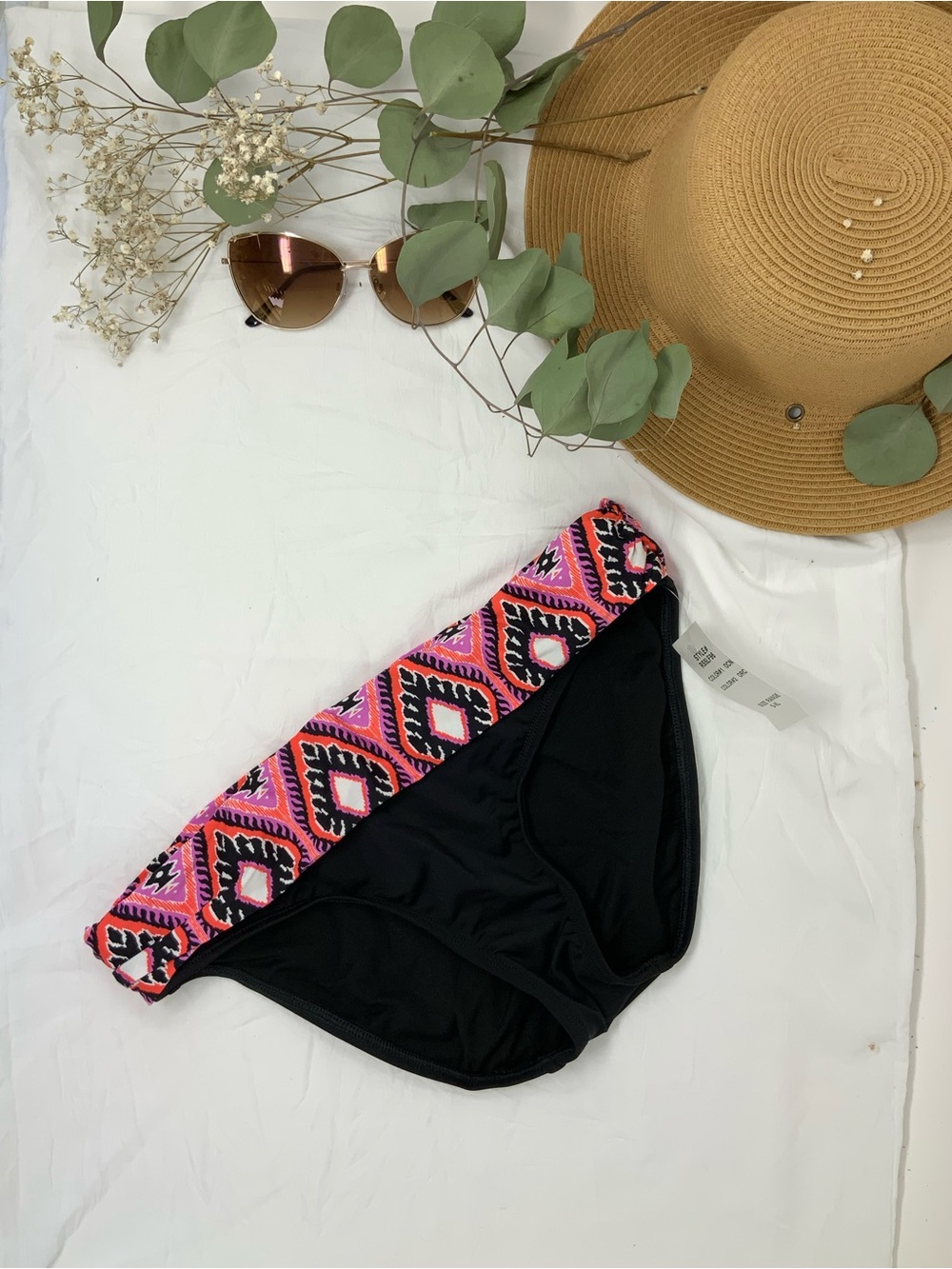 Black Bikini Bottom with Pink and Orange Geometric Waistband